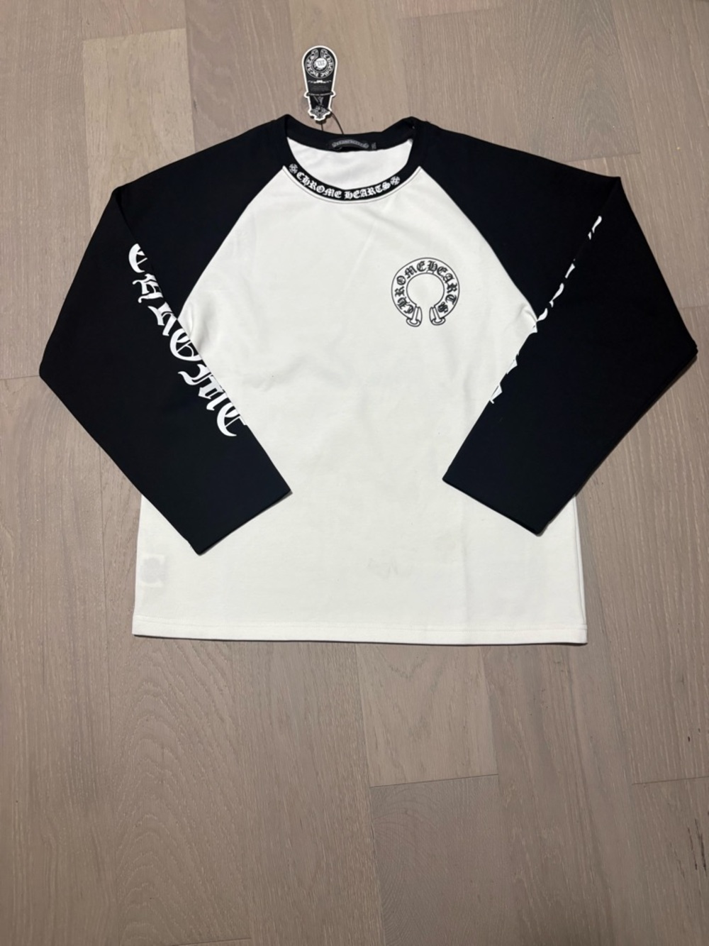 Chrome Hearts Black and White Raglan Logo Long Sleeve Tee - Kids